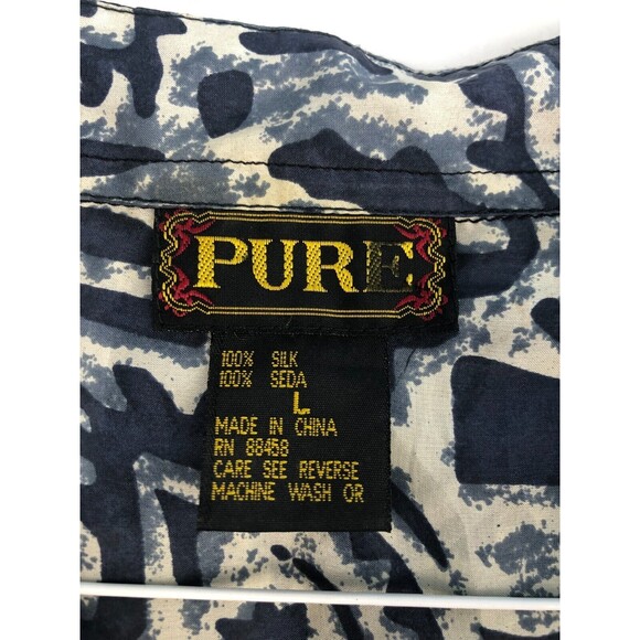 VTG PURE Abstract Tribal Shirt Size L 100% Silk Button Short Sleeve Blue & White - Picture 2 of 6